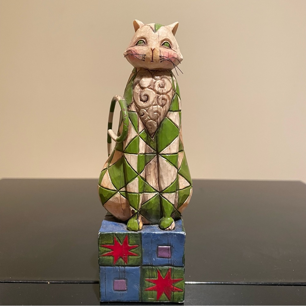 Jim Shore Green Harlequin Cat Figurine “Felicity” 2003